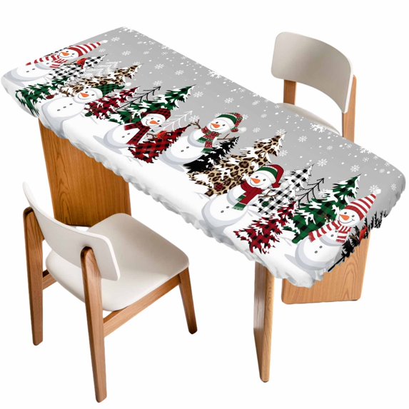Grey Christmas Table Cloths for 8 Foot Rectangle Tables, Snowman Xmas Tree Winter Snowflake Patio Waterproof Elastic Fitted Tablecloths, Washable Rectangular Table Cover for Camping