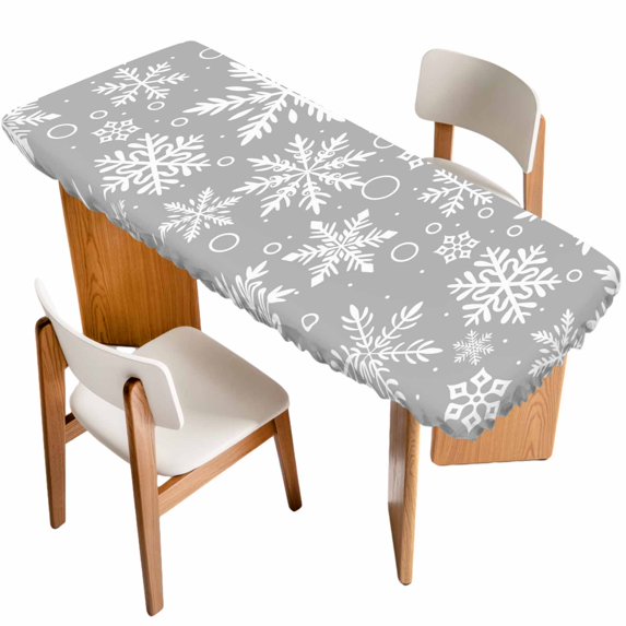 Grey Christmas Table Cloths for 8 Foot Rectangle Tables, Xmas Snowflake White Patio Waterproof Elastic Fitted Tablecloths, Washable Rectangular Table Cover for Camping