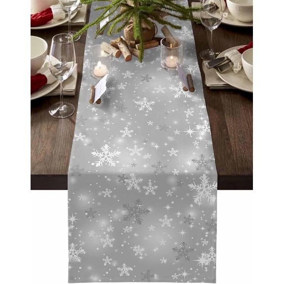 Grey Christmas Table Runner - 48 Inch Long, Gray White Shiny Snowflake Xmas Kitchen Dining Table Runner Dresser Scarves, Farmhouse Christmas Decor for Coffee Tables Party Banquet