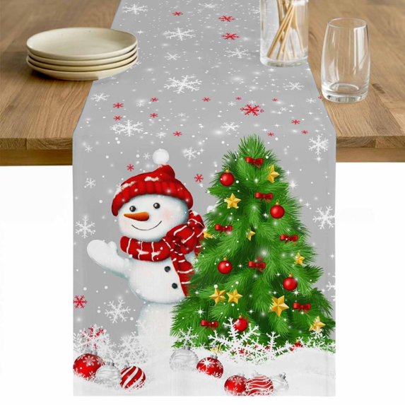 Grey Christmas Table Runner 48 Inches Long Farmhouse Dress Scarves, Snowman Xmas Tree Ball Snowflake Dining Tablerunner for Coffee Table/Kitchen Island/Party Décor, 13" x 48"