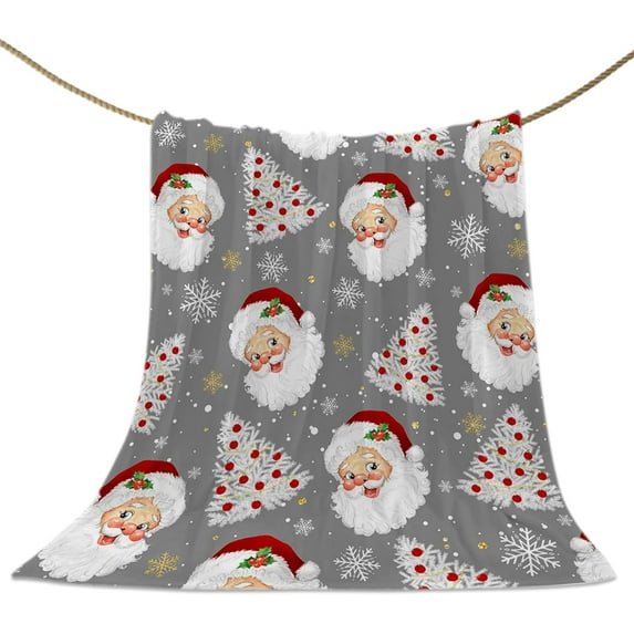 Grey Christmas Throw Blankets, Santa Claus Merry Christmas Tree Soft Fleece Blanket Decorative for Home Sofa Couch Chair Living Bedroom,50x60 inches, Winter Snowflake