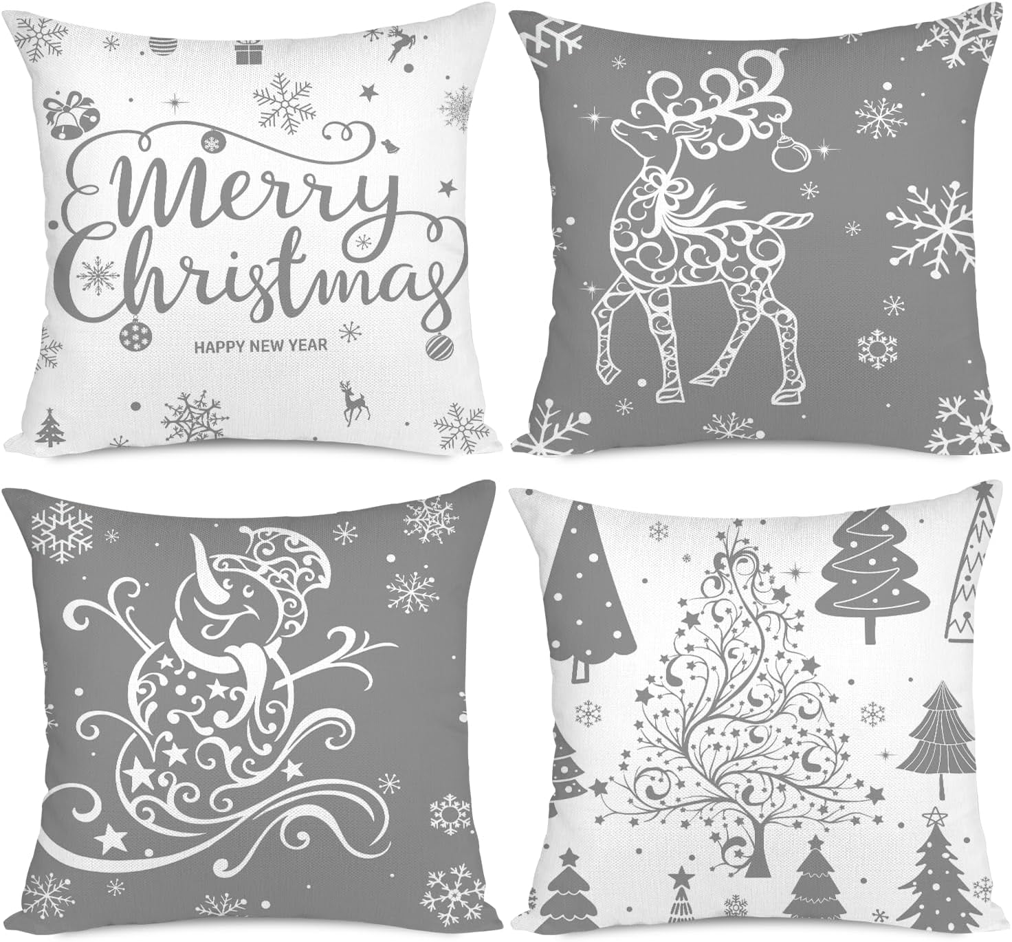 Grey Christmas Throw Pillow Covers 20x20 Set of 4 Christmas Decoration Trees Deer Snowman Merry Christmas Decorative Holiday Farmhouse Pillow Covers for Holiday Christmas Decoration