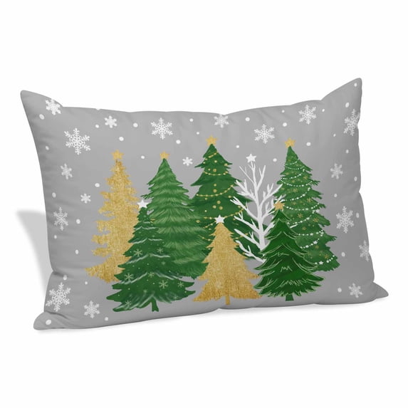 Grey Christmas Tree Pillow Covers, Linen Long Throw Pillow Case, Green Golden Xmas Tree Snowflake Winter Holiday Pillow Protector Decorative Cushion Cover for Living Room/Bedroom 12" x 20"