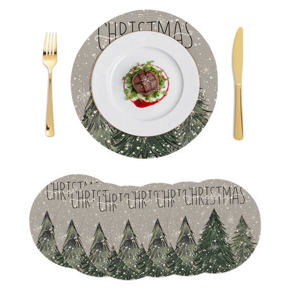 Grey Christmas Tree Round Placemats Set of 6, Braided Polypropylene Place Mats, Green Xmas Tree Snowflake Washable Table Mats for Kitchen Dinner Holiday Wedding Party Coffee Table Decoration 15"