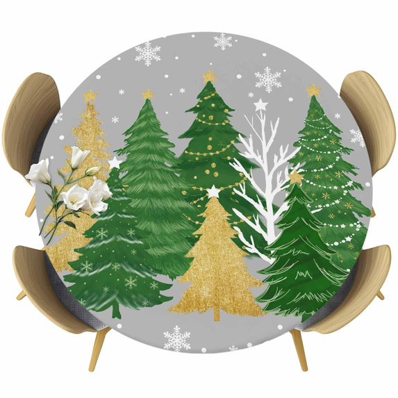 Grey Christmas Tree Round Tablecloth, Fitted Table Cover with Elastic for 36"-44" Round Tables, Green Golden Xmas Tree Snowflake Winter Table Cloth Outdoor Indoor Dinning Party Waterproof Tablecloths