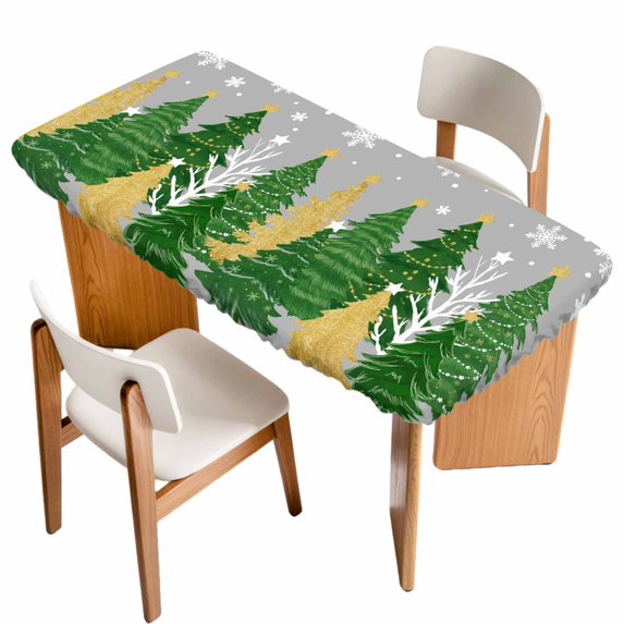 Grey Christmas Tree Table Cloths for 3 Foot Rectangle Tables, Green Golden Xmas Tree Snowflake Winter Patio Waterproof Elastic Fitted Tablecloths, Washable Rectangular Table Cover for Camping