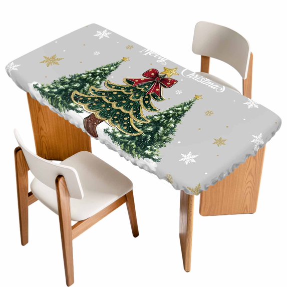 Grey Christmas Tree Table Cloths for 4 Foot Rectangle Tables, Snowflake Tree Xmas Patio Waterproof Elastic Fitted Tablecloths, Washable Rectangular Table Cover for Camping