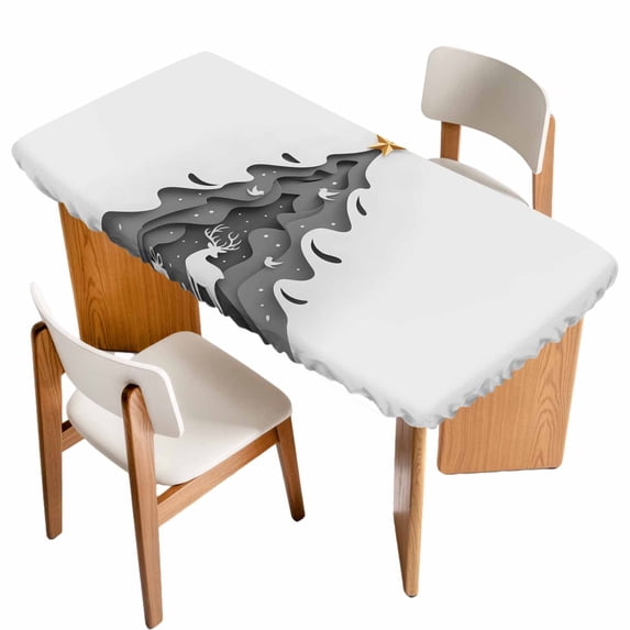 Grey Christmas Tree Table Cloths for 5 Foot Rectangle Tables, Xmas Reindeer Modern Abstract Art Patio Waterproof Elastic Fitted Tablecloths, Washable Rectangular Table Cover for Camping