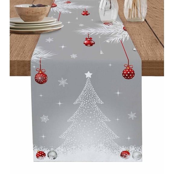 Grey Christmas Tree Table Runner 70 Inches, Xmas Balls Pine Needles Snowflake Bed Runner Dresser Scarves Tabletop for Indoor Outdoor Parties/Ceremony/Banquet, 13" x 70"