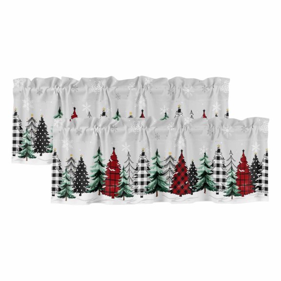 Grey Christmas Tree Valances for Windows, Decorative Rod Pocket Window Valance Curtains, Xmas Trees Winter Snowflake Gray Curtain Drapes for Kitchen/Bathroom/Living Room, 2 Panels, 42" W x 12" L