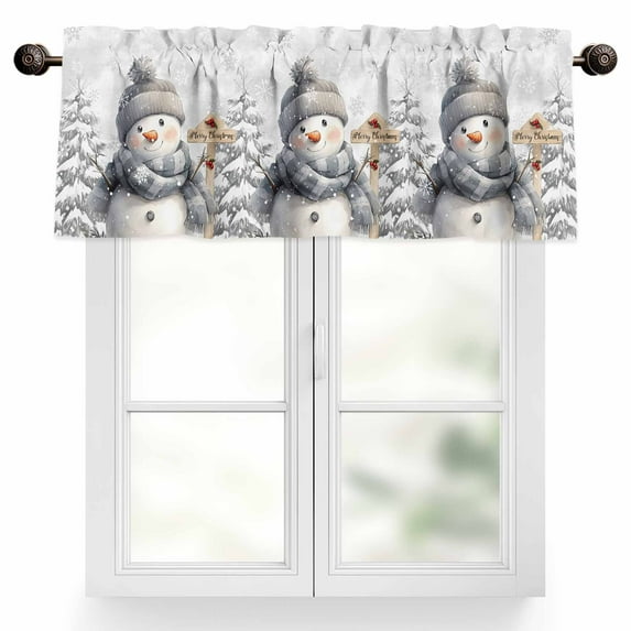 Grey Christmas Valances for Windows, 60 x 18in, Snow Hat Snowman Merry Christmas Rod Pocket Kitchen Valance Curtain Light Filtering Window Treatments for Living Room Bedroom, 1 Panel