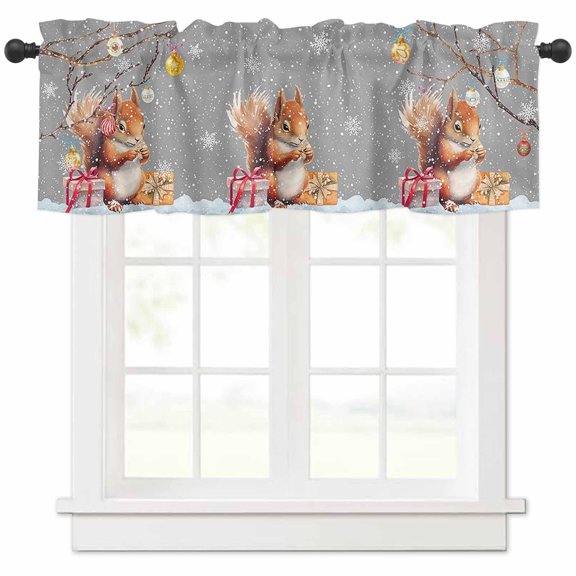 Grey Christmas Valances for Windows, Squirrel with Gifts Xmas Balls Linen Light Filtering Window Treatment Valances, Rod Pocket Small Curtains for Kitchen/Bathroom, 54"x18"
