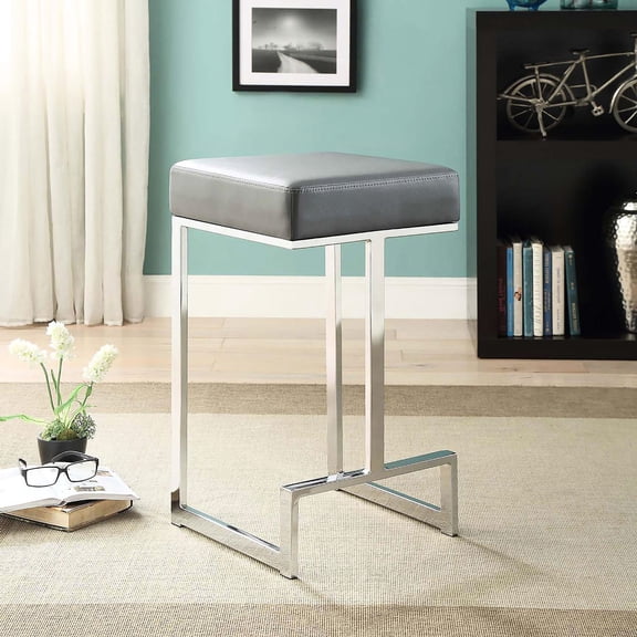 Grey Chrome Stool with Faux Leather / Add Style to Your Home