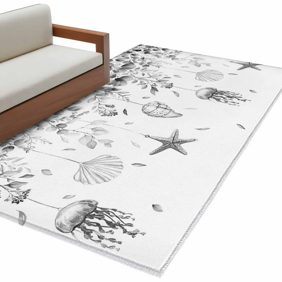 Grey Coastal 3'x5' Rug, Summer Eucalyptus Leaves Beach Ocean Starfish Nautical Non-Slip Area Rugs for Entryway Kitchen Classroom, Dorm Throw Carpet, Low Pile Soft Indoor Floor Mat