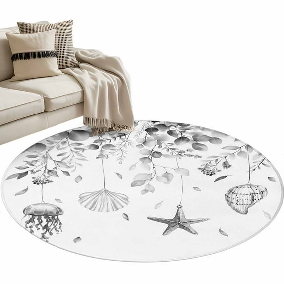 Grey Coastal 3ft Area Rug, Summer Eucalyptus Leaves Beach Ocean Starfish Nautical Non-Slip Small Round Rugs for Entryway Bedroom Kitchen, Soft Circle Carpet for Dining Room, Playroom Nursery Rug