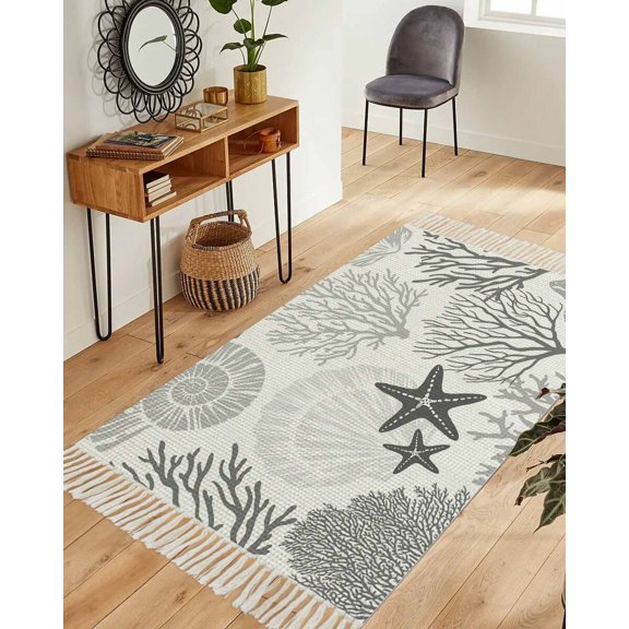 Grey Coastal Area Rug 3x5ft Woven Runner Rug,Ocean Coral Starfish Shell Modern Sea Washable Living Room Hallway Bedroom Kitchen Carpet with Tassels,Indoor Outdoor Throw Door Mat for Entryway