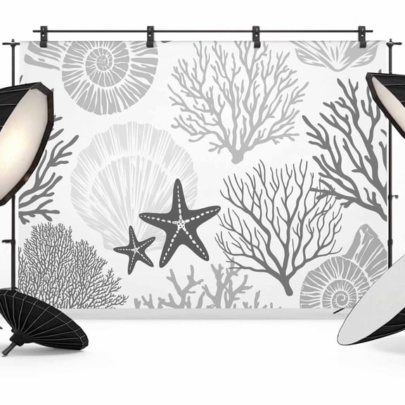 Grey Coastal Backdrop for Photoshoot,Photography Photo Studio Background Wall Backdrop,Ocean Coral Starfish Shell Modern Sea Back Drop Banner Panel for Portraits Wedding Party Live Streaming 7x5Ft