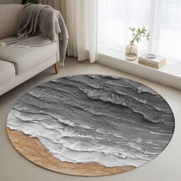 Grey Coastal Beach Round Area Rug 3.3 FT, Non Slip Small Entryway Kitchen Mat, Summer Nautical Oil Painting Washable Soft Circular Rug Non-Shedding Door Mat for Bathroom Playroom Kids Room