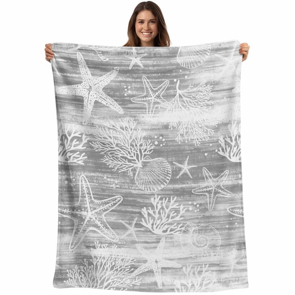 Grey Coastal Blanket Soft Cozy Warm Throw Blanket for Couch, Plush Fuzzy Flannel Fleece Blankets for Sofa, Summer Ocean Sea Waves Starfish Corals Bed Blankets Lightweight Gifts for Women, 30"x40"