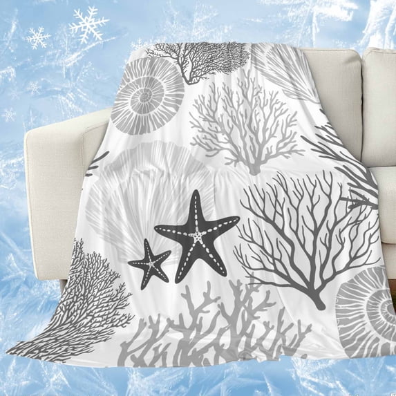 Grey Coastal Cooling Blanket, Lightweight Breathable Summer Throw Blanket with Double Sided Cold Effect,Ocean Coral Starfish Shell Modern Sea Picnic Beach Blankets Bed Sheet for Hot Sleepers 50"x60"