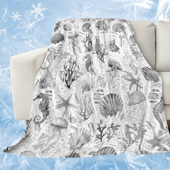 Grey Coastal Cooling Blanket, Lightweight Breathable Summer Throw Blanket with Double Sided Cold Effect,Summer Coral Shell Sea Beach Nautical Picnic Beach Blankets Bed Sheet for Hot Sleepers 30"x40"