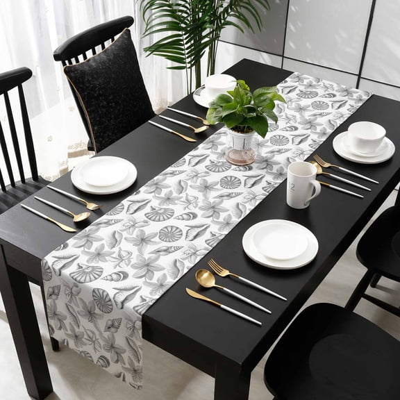 Grey Coastal Cotton Linen Table Runner 13 x 72 inch Shell Floral Ocean Retro Non-slip Rectangular Dining Table Decor for Wedding Party Holiday Dinner