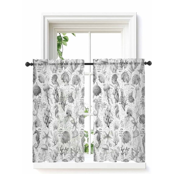 Grey Coastal Curtains 45 Inch Length, Sheer Curtains for Bedroom Living Room Window Summer Coral Shell Sea Beach Nautical Rod Pocket Voile Drapes Kitchen Curtains Small Half Window 42"x45" 2 Panels