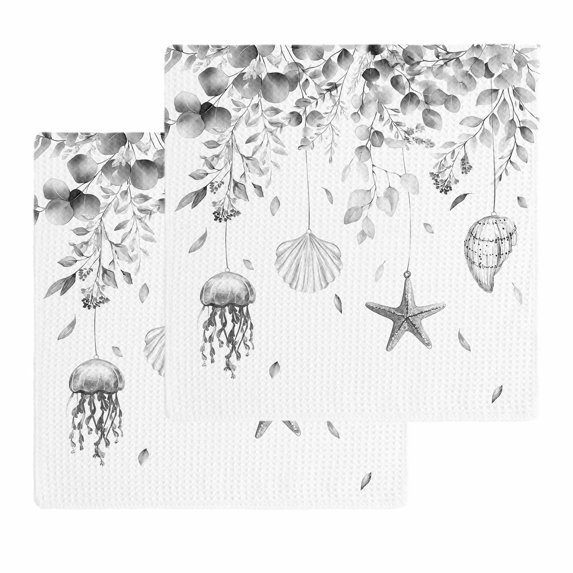 Grey Coastal Dish Towels Set,Waffle Weave Kitchen Towels 2Pcs,Summer Eucalyptus Leaves Beach Ocean Starfish Nautical Microfiber Hair Face Bath Tea Towel Absorbent Cleaning Dish Cloths 12"x12"