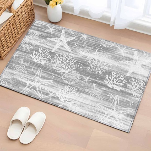 Grey Coastal Entryway Rug 2'x3' Non Slip Front Door Mats, Summer Ocean Sea Waves Starfish Corals Entrance Rugs Indoor Outdoor Carpet, Washable Floor Mats Small Area Rug for Bedroom Kitchen
