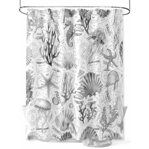 Grey Coastal Extra Long Shower Curtain Set, Waterproof Shower Curtains for Bathroom, Summer Coral Shell Sea Beach Nautical Washable Fabric Cloth Bath Curtain for Bathtub with Hooks 72x96 Inches
