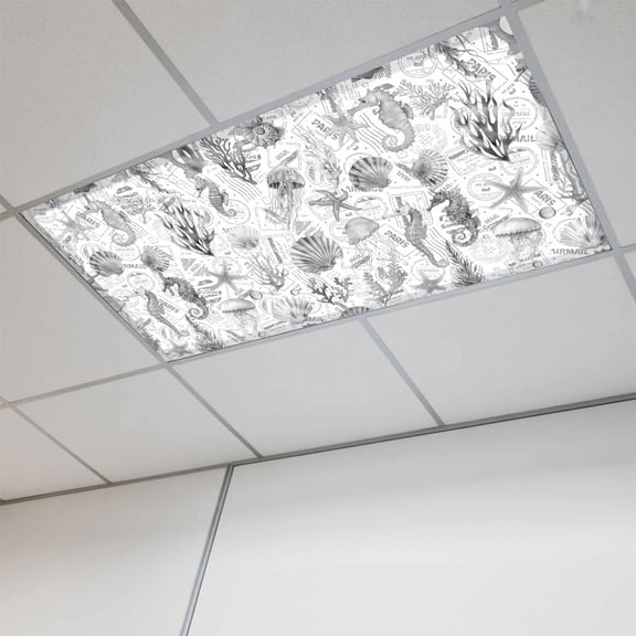 Grey Coastal Fluorescent Light Covers, Summer Coral Shell Sea Beach Nautical Magnetic Light Covers for Ceiling Lights, Fluorescent Ceiling Shade Filters for Classroom Bedroom Office 4x2Ft x 1PCS
