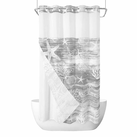Grey Coastal No Hook Shower Curtain with Snap in Liner, Waterproof Fabric Shower Curtains, Summer Ocean Sea Waves Starfish Corals Shower Curtain Set Top See Through for Bathroom 36"x72"