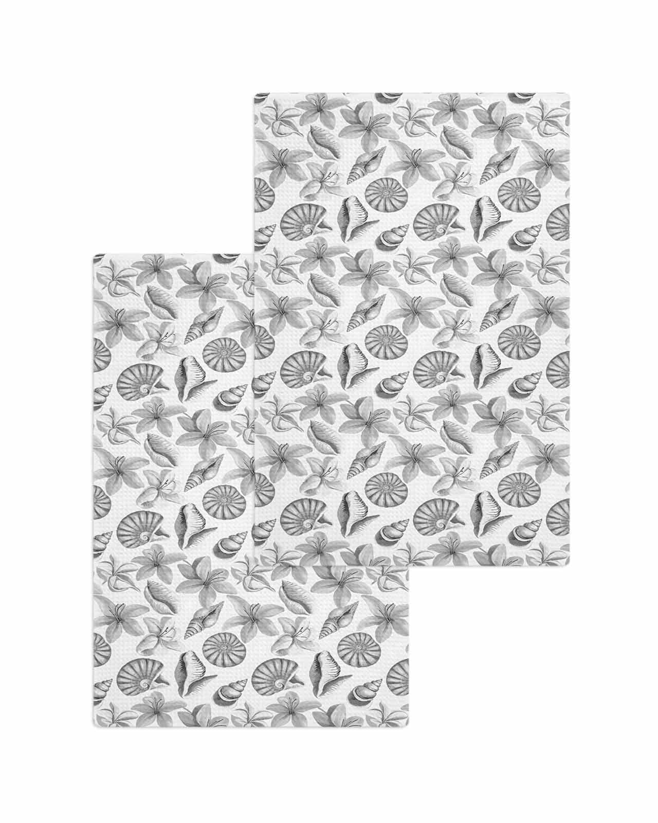 Grey Coastal Kitchen Dish Towels for Drying Dishes Set of 2, Shell Floral Ocean Retro Waffle Weave Microfiber Terry Hand Tea Bathroom Towels Quick Dry & Absorbent Towel 15.7x23.6