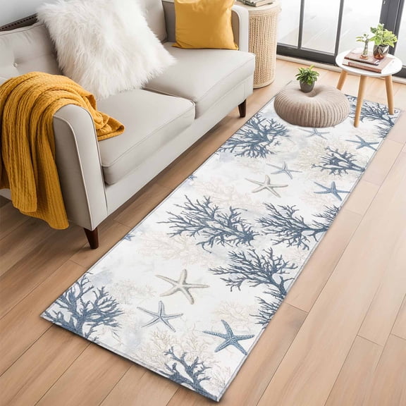Grey Coastal Kitchen Runner Rug 2x6 Washable Runners for Hallway Non Slip Summer Beach Starfish Coral Nautical Large Area Rug Indoor Floor Carpet for Bathroom Laundry Entryway Bedroom Living Room
