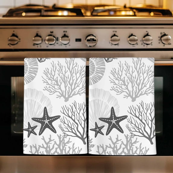 Grey Coastal Kitchen Towels Set of 2, Ocean Coral Starfish Shell Modern Sea Absorbent Dish Towels for Kitchen, Microfiber Hand Towel, Quick Drying Tea Towel for Cleaning Decorative Dishcloths