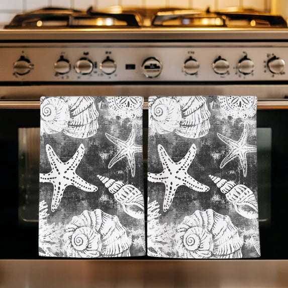 Grey Coastal Kitchen Towels Set of 4, Modern Oil Painting Starfish Coral Shell Absorbent Dish Towels for Kitchen, Microfiber Hand Towel, Quick Drying Tea Towel for Cleaning Decorative Dishcloths