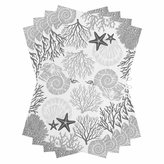 Grey Coastal Kitchen Towels Set of 4, Water Absorbent Dish Towel, Ocean Coral Starfish Shell Modern Sea Decorative Hand Towels - Quick Drying Cloth for Cooking Baking, 18x28 Inch