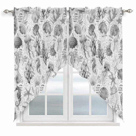 Grey Coastal Kitchen Window Curtains, Swag Curtains Valance for Bedroom Living Room Bathroom, Summer Coral Shell Sea Beach Nautical Rod Pocket Window Treatment Curtain Block Drapes 2 Panels 36"x63"