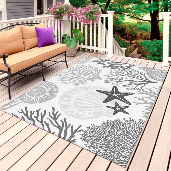 Grey Coastal Outdoor Rug 4x6 Ft, Non Slip Washable Area Rug, Ocean Coral Starfish Shell Modern Sea Patio Rugs Carpet Runner, Large Floor Mat for Indoor/Outdoor Deck Porch Camping