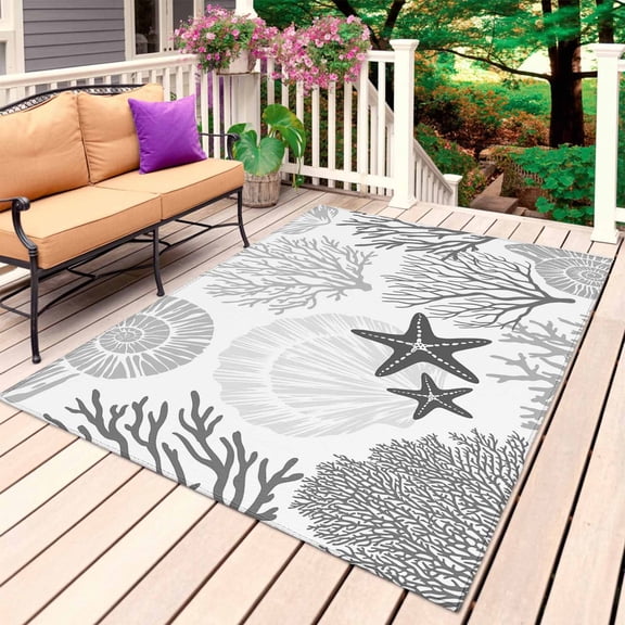 Grey Coastal Outdoor Rug 6x9 Ft, Non Slip Washable Area Rug, Ocean Coral Starfish Shell Modern Sea Patio Rugs Carpet Runner, Large Floor Mat for Indoor/Outdoor Deck Porch Camping