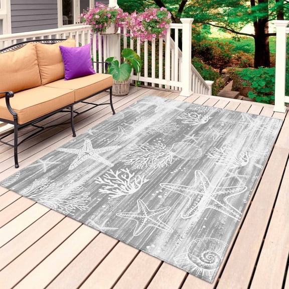 Grey Coastal Outdoor Rug 6x9 Ft, Non Slip Washable Area Rug, Summer Ocean Sea Waves Starfish Corals Patio Rugs Carpet Runner, Large Floor Mat for Indoor/Outdoor Deck Porch Camping
