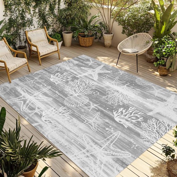 Grey Coastal Outdoor Rug for Patio/Deck/Porch, Non-Slip Large Area Rug 4 x 6 Ft, Summer Ocean Sea Waves Starfish Corals Indoor Outdoor Rugs Washable Area Rugs, Reversible Camping Rug Carpet Runner