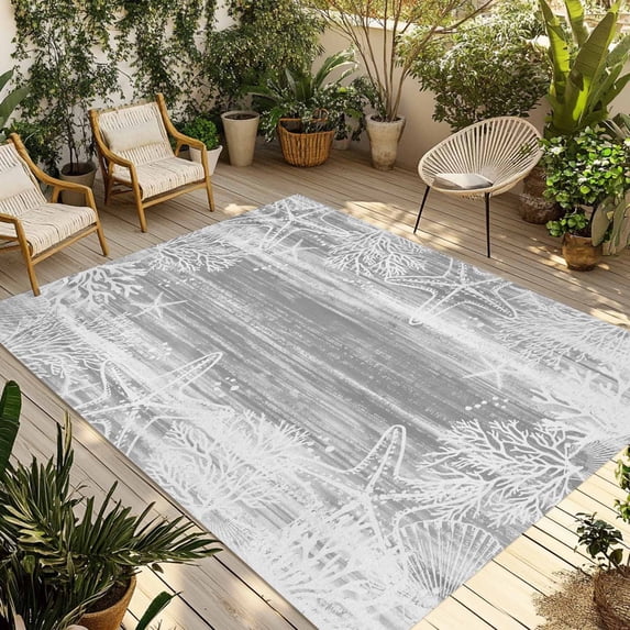 Grey Coastal Outdoor Rug for Patio/Deck/Porch, Non-Slip Large Area Rug 5 x 7 Ft, Summer Ocean Sea Ombre Starfish Corals Indoor Outdoor Rugs Washable Area Rugs, Reversible Camping Rug Carpet Runner