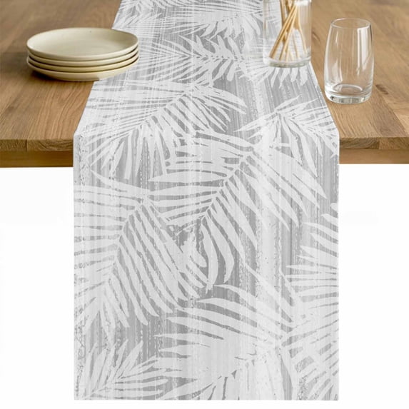 Grey Coastal Palm Leaves Cotton Linen Rectangle Table Runners 13"x90", Summer Botanical Tropical Coffee Table Runner Dresser Scarves Luxury Table Runners for Wedding Party Banquet Dinner Decor