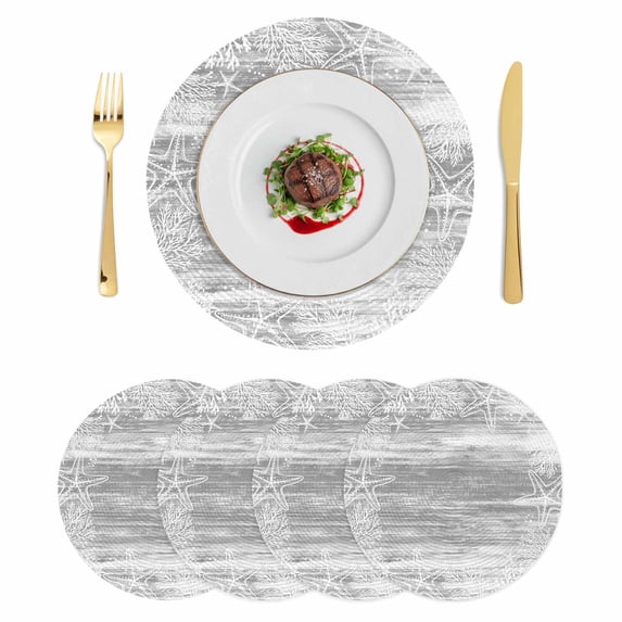 Grey Coastal Round 15 Inch Placemats Set of 4, Summer Ocean Sea Ombre Starfish Corals HeatResistant Non Slip Place Mats for Dining Table, Wipeable Braided Kitchen Table Mats for Housewarming