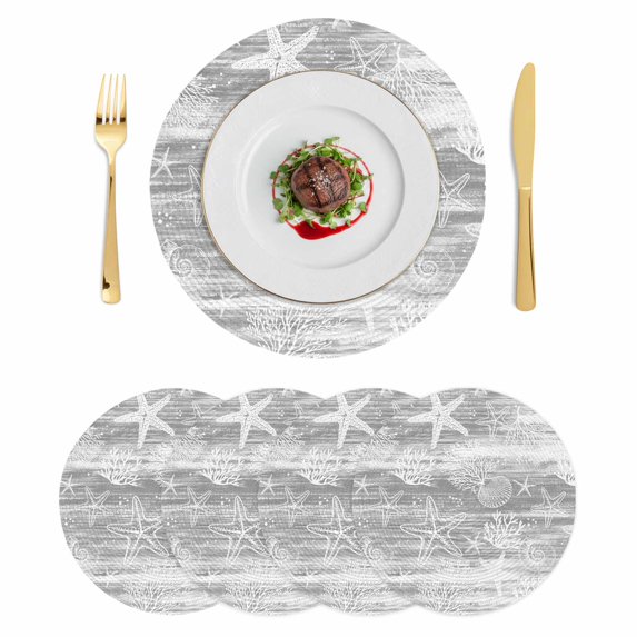 Grey Coastal Round 15 Inch Placemats Set of 4, Summer Ocean Sea Waves Starfish Corals HeatResistant Non Slip Place Mats for Dining Table, Wipeable Braided Kitchen Table Mats for Housewarming