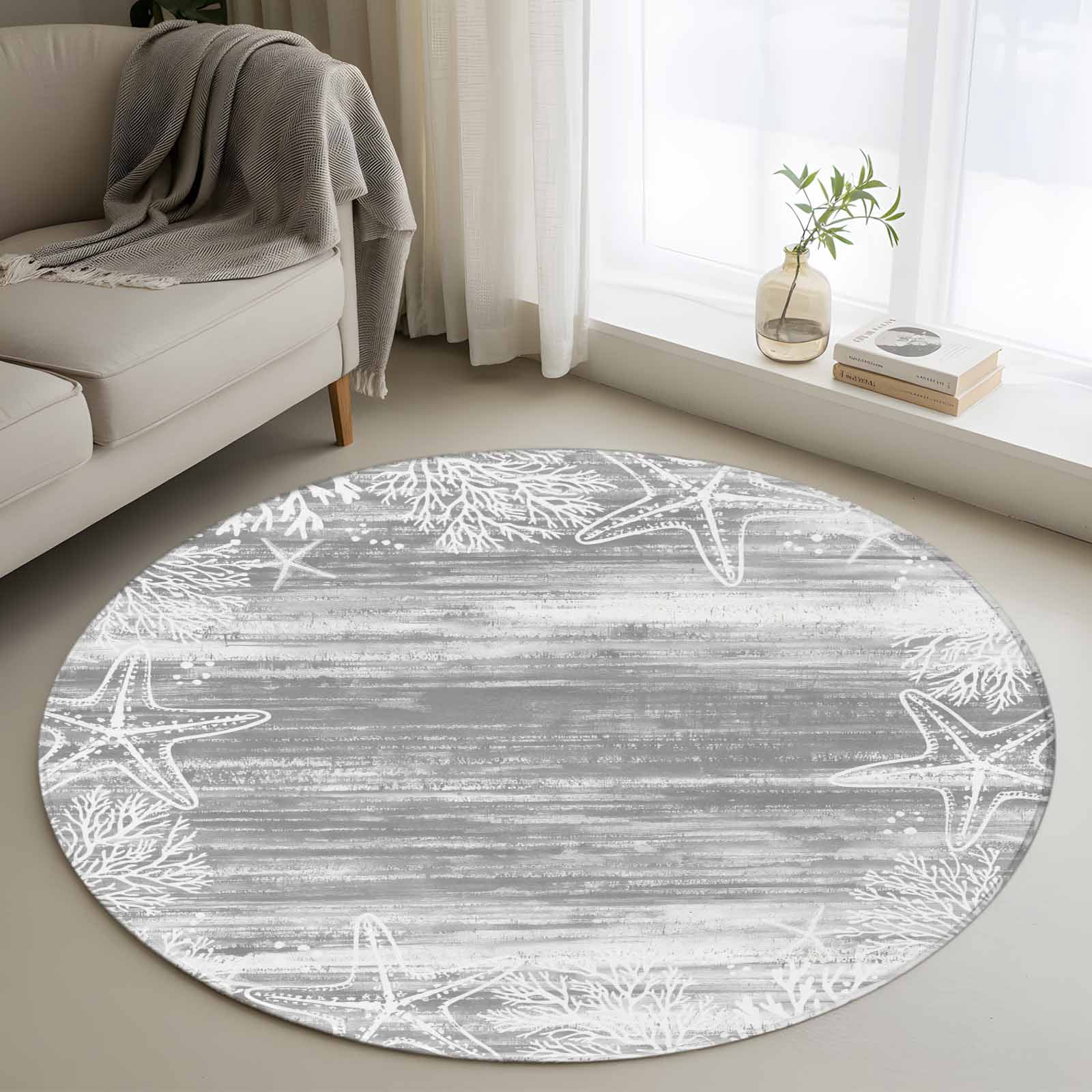 Grey Coastal Round Area Rug 3Ft Washable Small Circle Rugs for Kitchen Entryway, Summer Ocean Sea Ombre Starfish Corals Non-Slip Carpet Floor Mats Indoor Outdoor Carpet Runner Aesthetic Home Decor