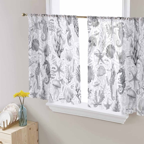Grey Coastal Sheer Curtains 45 Inch Length 2 Panels Set for Living Room/Bedroom, Summer Coral Shell Sea Beach Nautical Semi Curtain Sheers Drapes Rod Pocket Curtains Window Treatment Set 52''x45''x2