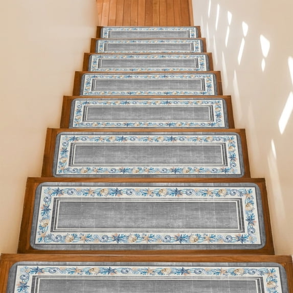 Grey Coastal Stair Treads Non Slip for Steps Vintage Beach Starfish Shell Summer Coral 10 Pcs Reusable Adhesive Stair Runner Mats for Dogs Elders Carpet Treads Rugs for Staircase 8x30 In