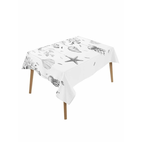 Grey Coastal Table Cloth, Summer Eucalyptus Leaves Beach Ocean Starfish Nautical Waterproof Tablecloth for Rectangle Tables, Washable Fabric Table Cover for Restaurant Kitchen Dining Tables 52"x70"